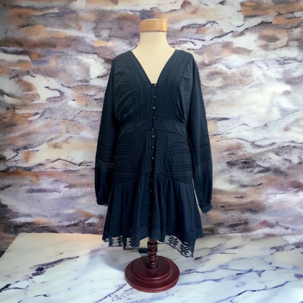 Veronica Beard Addliyn V Neck Eyelet Front Mini Dress Navy Blue
